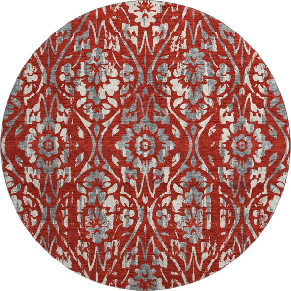 HomeRoots 8' Red and Gray Floral Washable Round Rug - Durable, UV-Protected, and Easy-Care for Busy Homes 669069