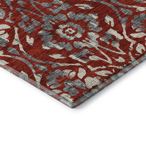 HomeRoots 8' Red and Gray Floral Washable Round Rug - Durable, UV-Protected, and Easy-Care for Busy Homes 669069