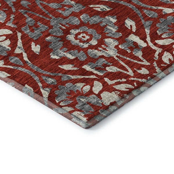 HomeRoots 8' Red and Gray Floral Washable Round Rug - Durable, UV-Protected, and Easy-Care for Busy Homes 669069