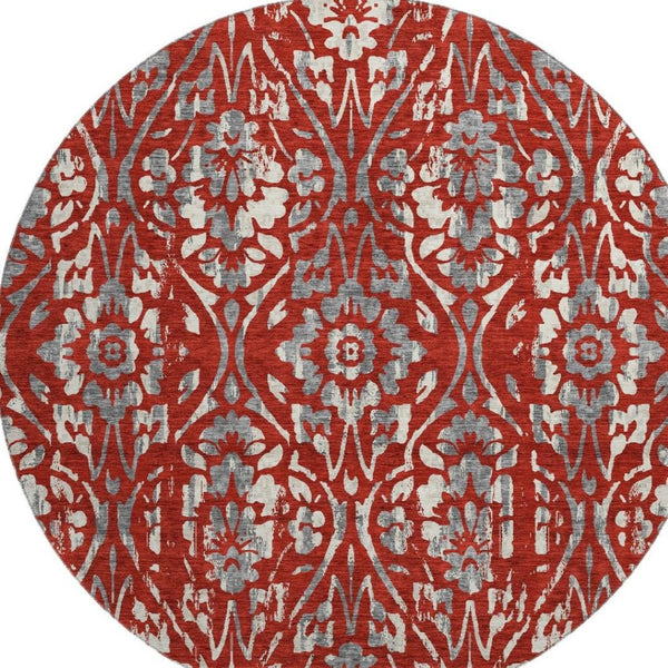HomeRoots 8' Red and Gray Floral Washable Round Rug - Durable, UV-Protected, and Easy-Care for Busy Homes 669069