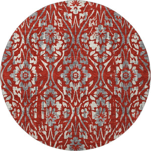 HomeRoots 8' Red and Gray Floral Washable Round Rug - Durable, UV-Protected, and Easy-Care for Busy Homes 669069