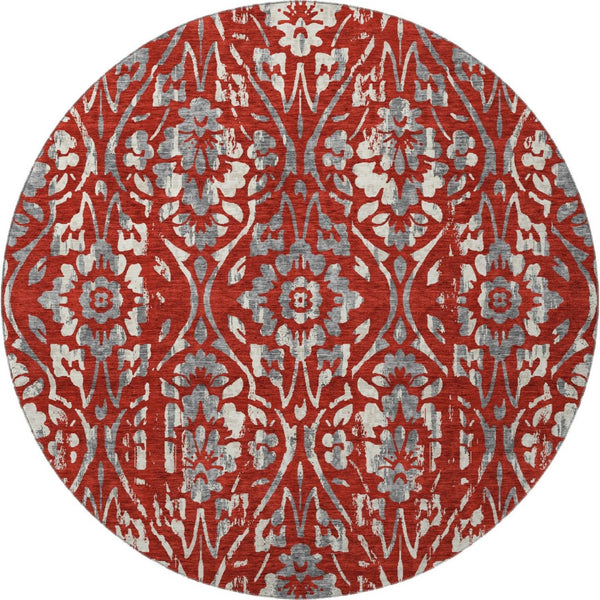 HomeRoots 8' Red and Gray Floral Washable Round Rug - Durable, UV-Protected, and Easy-Care for Busy Homes 669069