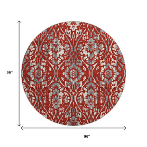 HomeRoots 8' Red and Gray Floral Washable Round Rug - Durable, UV-Protected, and Easy-Care for Busy Homes 669069