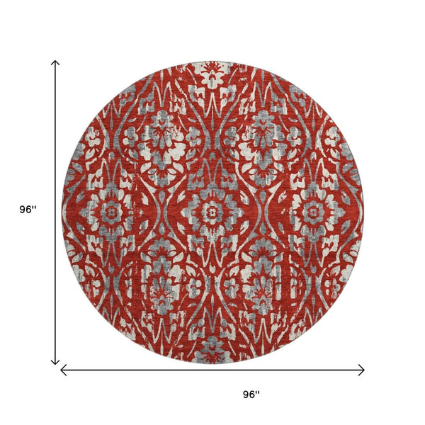 HomeRoots 8' Red and Gray Floral Washable Round Rug - Durable, UV-Protected, and Easy-Care for Busy Homes 669069