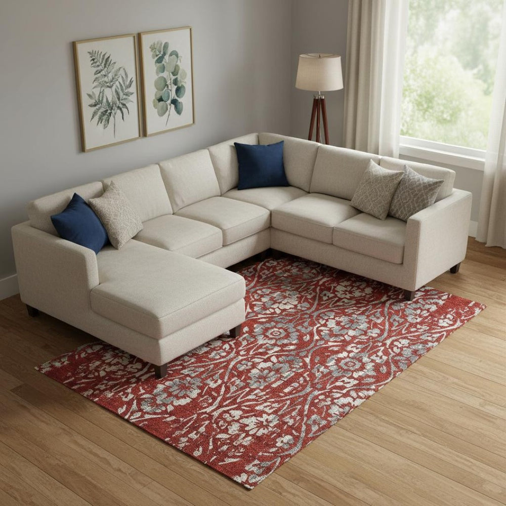 HomeRoots 9' X 12' Red and Gray Floral Washable Area Rug - Durable, Stain Resistant, UV Protected for Families 669071