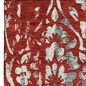 HomeRoots 9' X 12' Red and Gray Floral Washable Area Rug - Durable, Stain Resistant, UV Protected for Families 669071