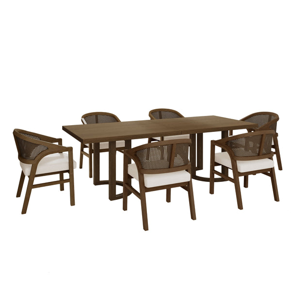 English Elm Christopher Knight Home® - 7PCS Mid-Century Modern 7-Piece Dining Set with Sculptural Pillar Table and Ergonomic Rattan Chairs Beige,Walnut N771P256965T_N771P195513T