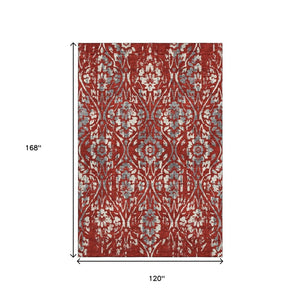 HomeRoots 10' Red and Gray Floral Area Rug - Washable, Stain-Resistant, UV Protected for Stylish Living Spaces 669072