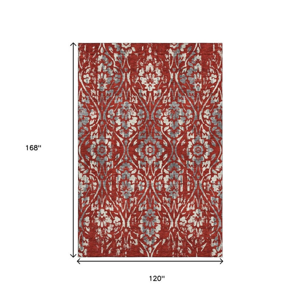 HomeRoots 10' Red and Gray Floral Area Rug - Washable, Stain-Resistant, UV Protected for Stylish Living Spaces 669072