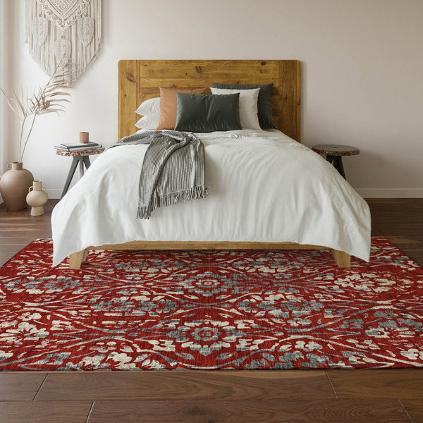 HomeRoots 10' Red and Gray Floral Area Rug - Washable, Stain-Resistant, UV Protected for Stylish Living Spaces 669072