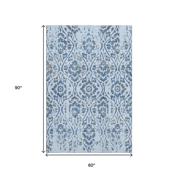 HomeRoots 5' X 8' Sky Blue Floral Washable Area Rug with UV Protection - Stylish, Durable & Easy to Clean! 669074