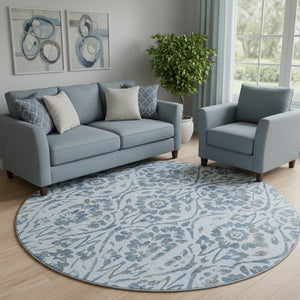 HomeRoots 8' Sky Blue and Gray Floral Round Rug - Washable, UV Protected, Perfect for High-Traffic Areas 669075