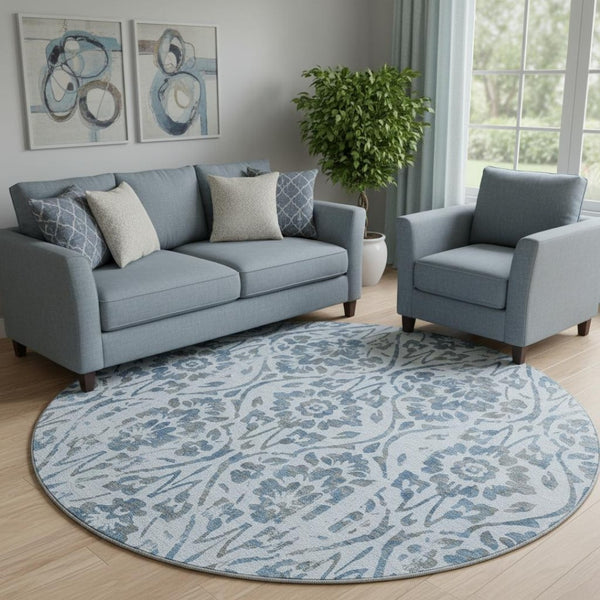 HomeRoots 8' Sky Blue and Gray Floral Round Rug - Washable, UV Protected, Perfect for High-Traffic Areas 669075