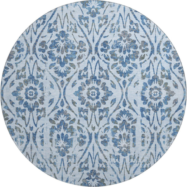 HomeRoots 8' Sky Blue and Gray Floral Round Rug - Washable, UV Protected, Perfect for High-Traffic Areas 669075