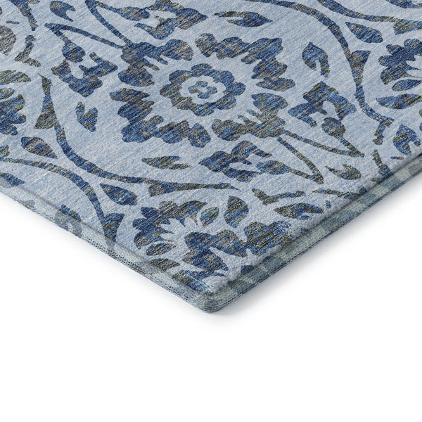 HomeRoots 8' Sky Blue and Gray Floral Round Rug - Washable, UV Protected, Perfect for High-Traffic Areas 669075