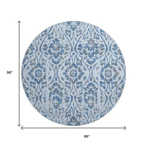 HomeRoots 8' Sky Blue and Gray Floral Round Rug - Washable, UV Protected, Perfect for High-Traffic Areas 669075