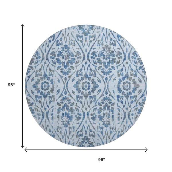 HomeRoots 8' Sky Blue and Gray Floral Round Rug - Washable, UV Protected, Perfect for High-Traffic Areas 669075