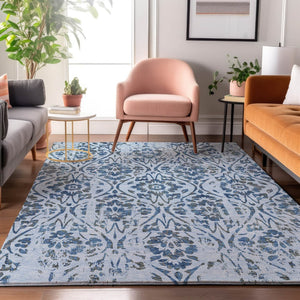 HomeRoots 8' X 10' Stylish Sky Blue & Gray Floral Area Rug with UV Protection – Stain Resistant & Easy Care 669076
