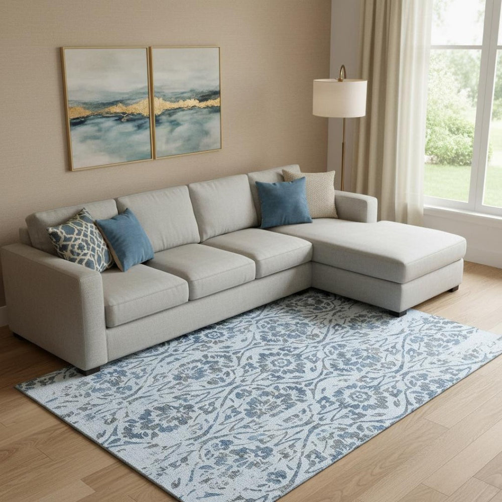 HomeRoots 9' X 12' Sky Blue & Gray Floral Area Rug - Washable, UV-Protected, Perfect for Family Spaces! 669077