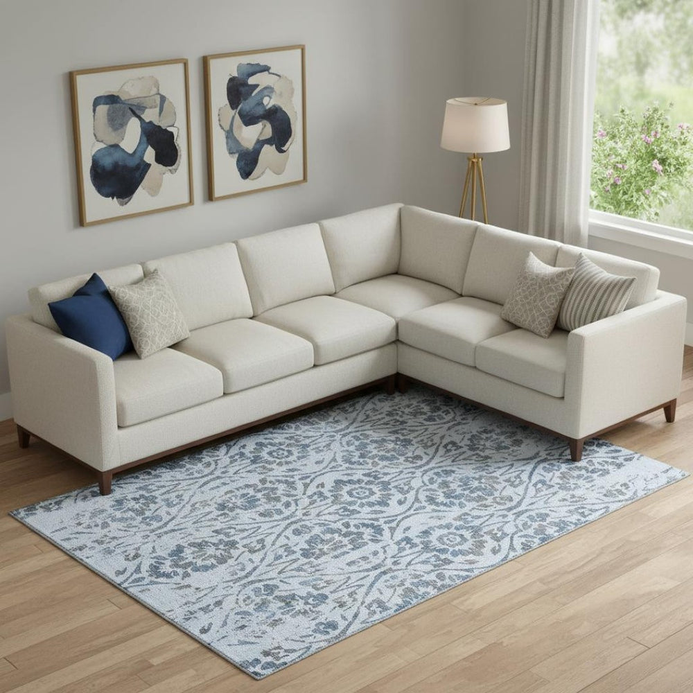 HomeRoots 10' Sky Blue & Gray Floral Area Rug - Washable, UV Protected, Durable for Family Rooms & Play Areas 669078