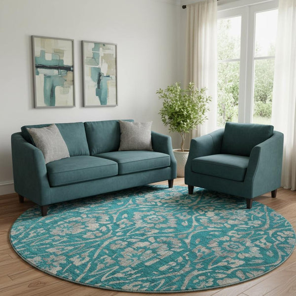 HomeRoots 8' Teal And Beige Floral Washable Round Rug - Durable, Stain-Resistant, UV-Protected for Any Space 669081
