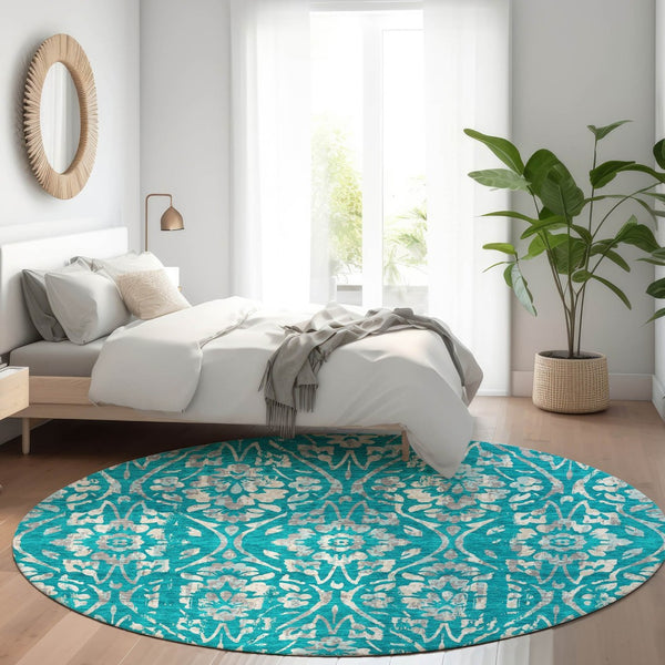 HomeRoots 8' Teal And Beige Floral Washable Round Rug - Durable, Stain-Resistant, UV-Protected for Any Space 669081