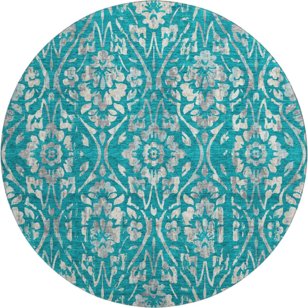HomeRoots 8' Teal And Beige Floral Washable Round Rug - Durable, Stain-Resistant, UV-Protected for Any Space 669081
