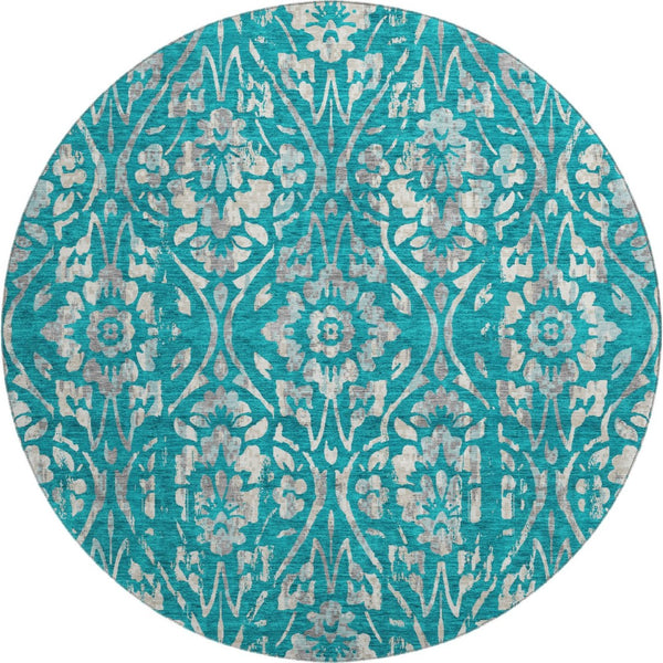 HomeRoots 8' Teal And Beige Floral Washable Round Rug - Durable, Stain-Resistant, UV-Protected for Any Space 669081