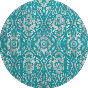 HomeRoots 8' Teal And Beige Floral Washable Round Rug - Durable, Stain-Resistant, UV-Protected for Any Space 669081