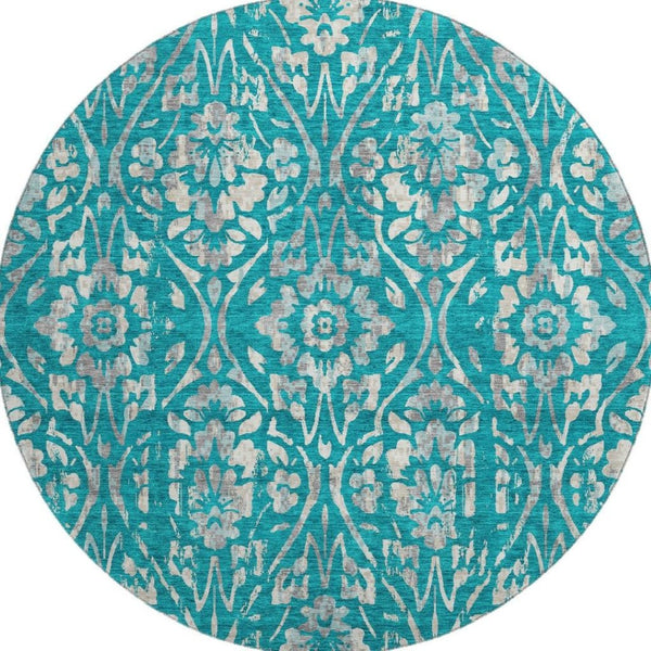 HomeRoots 8' Teal And Beige Floral Washable Round Rug - Durable, Stain-Resistant, UV-Protected for Any Space 669081