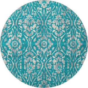 HomeRoots 8' Teal And Beige Floral Washable Round Rug - Durable, Stain-Resistant, UV-Protected for Any Space 669081