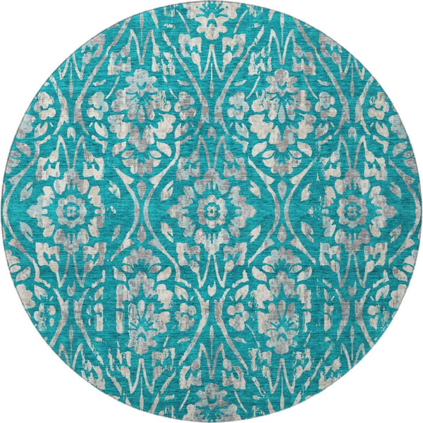 HomeRoots 8' Teal And Beige Floral Washable Round Rug - Durable, Stain-Resistant, UV-Protected for Any Space 669081