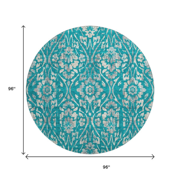 HomeRoots 8' Teal And Beige Floral Washable Round Rug - Durable, Stain-Resistant, UV-Protected for Any Space 669081