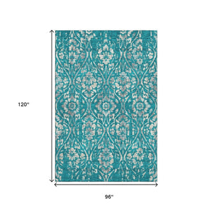 HomeRoots 8' X 10' Teal and Beige Floral Area Rug - Durable, Stain Resistant, UV Protected for Busy Homes! 669082