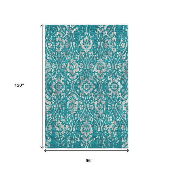 HomeRoots 8' X 10' Teal and Beige Floral Area Rug - Durable, Stain Resistant, UV Protected for Busy Homes! 669082
