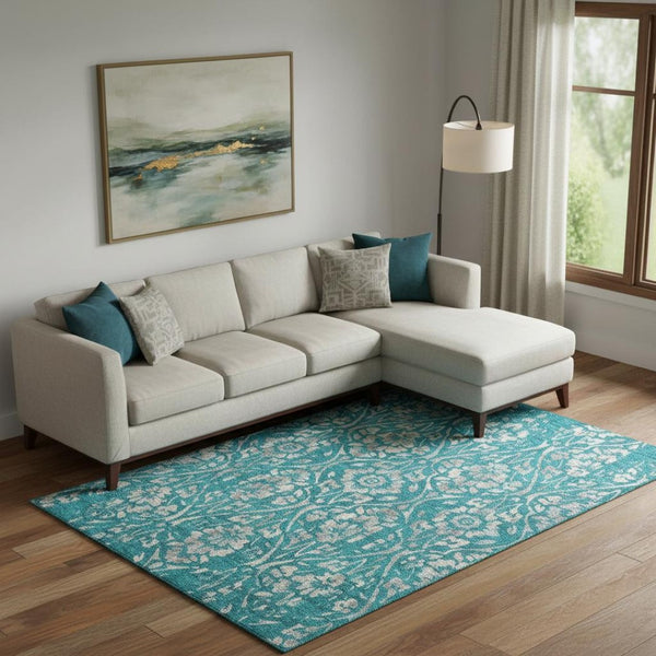 HomeRoots 8' X 10' Teal and Beige Floral Area Rug - Durable, Stain Resistant, UV Protected for Busy Homes! 669082