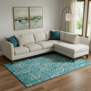 HomeRoots 9' X 12' Teal and Beige Floral Area Rug – Stain Resistant, UV Protected, Perfect for Homes with Kids! 669083