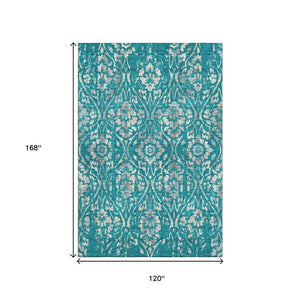 HomeRoots 10' X 14' Teal And Beige Floral Washable Area Rug – Durable, UV-Protected, Perfect for Family Spaces 669084