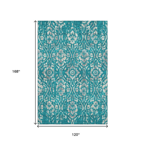 HomeRoots 10' X 14' Teal And Beige Floral Washable Area Rug – Durable, UV-Protected, Perfect for Family Spaces 669084