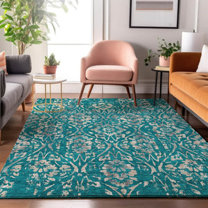HomeRoots 10' X 14' Teal And Beige Floral Washable Area Rug – Durable, UV-Protected, Perfect for Family Spaces 669084