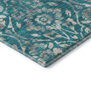 HomeRoots 10' X 14' Teal And Beige Floral Washable Area Rug – Durable, UV-Protected, Perfect for Family Spaces 669084