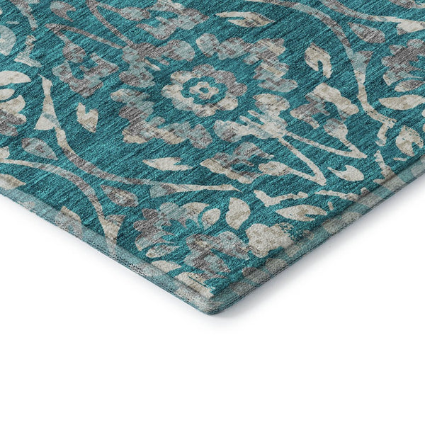 HomeRoots 10' X 14' Teal And Beige Floral Washable Area Rug – Durable, UV-Protected, Perfect for Family Spaces 669084