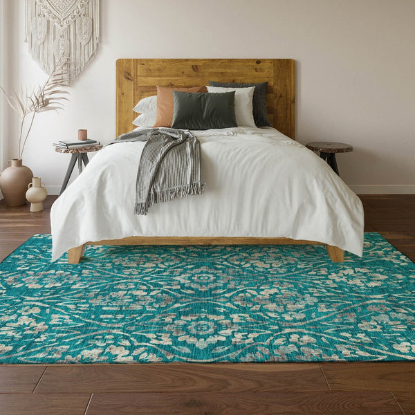 HomeRoots 10' X 14' Teal And Beige Floral Washable Area Rug – Durable, UV-Protected, Perfect for Family Spaces 669084