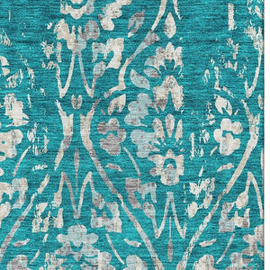 HomeRoots 10' X 14' Teal And Beige Floral Washable Area Rug – Durable, UV-Protected, Perfect for Family Spaces 669084