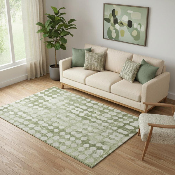 HomeRoots 5' X 8' Artichoke Green & Beige Polka Dot Washable Area Rug - Stylish, UV-Protected, Easy-Care Design 669086