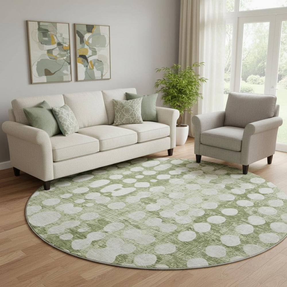 HomeRoots 8' Artichoke Green & Beige Polka Dot Washable Round Rug - UV Protected, Durable & Easy Care Design 669087