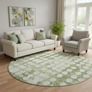 HomeRoots 8' Artichoke Green & Beige Polka Dot Washable Round Rug - UV Protected, Durable & Easy Care Design 669087