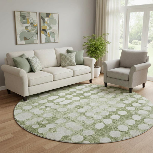 HomeRoots 8' Artichoke Green & Beige Polka Dot Washable Round Rug - UV Protected, Durable & Easy Care Design 669087