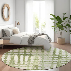 HomeRoots 8' Artichoke Green & Beige Polka Dot Washable Round Rug - UV Protected, Durable & Easy Care Design 669087