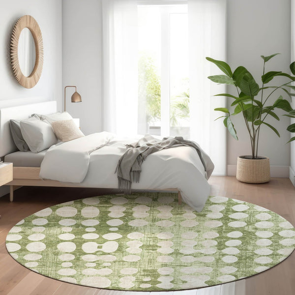 HomeRoots 8' Artichoke Green & Beige Polka Dot Washable Round Rug - UV Protected, Durable & Easy Care Design 669087